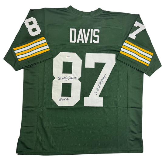 Green Bay Packers jersey number 87 with "Davis" nameplate and handwritten autographs, displayed flat against white background.