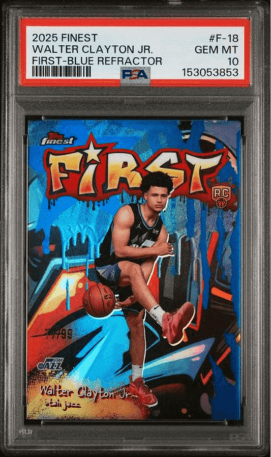 PSA-graded slab displaying front of Walter Clayton Jr. rookie basketball card with blue refractor finish and red "FIRST" text on blue background.