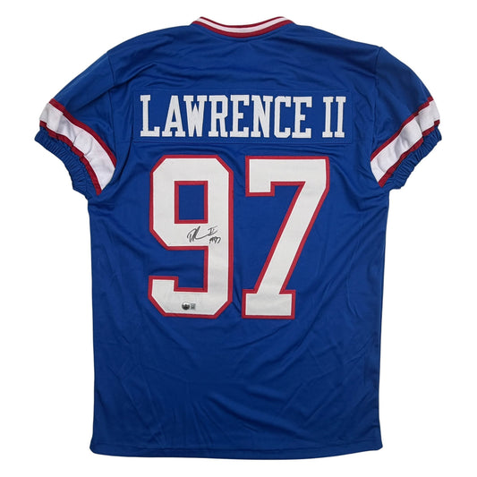 Back view of signed blue football jersey with "LAWRENCE II" and number "97" in white and red lettering.