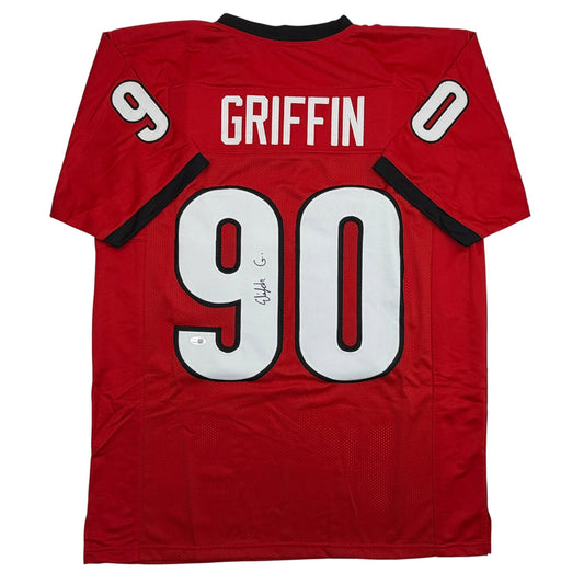 Red college football jersey with white number 90, black trim, "GRIFFIN" across chest, displayed flat on white background.