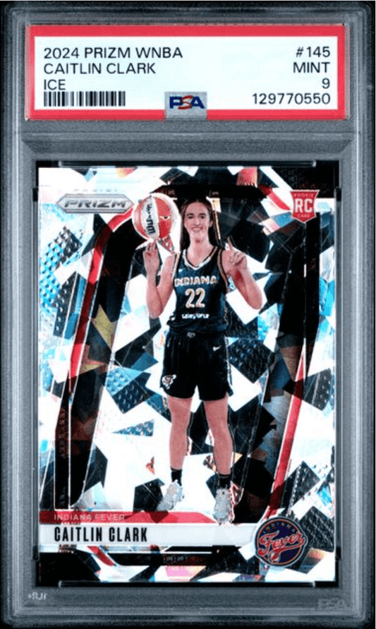 PSA-graded rookie basketball card displaying Caitlin Clark in Indiana Fever uniform against geometric blue and red background.