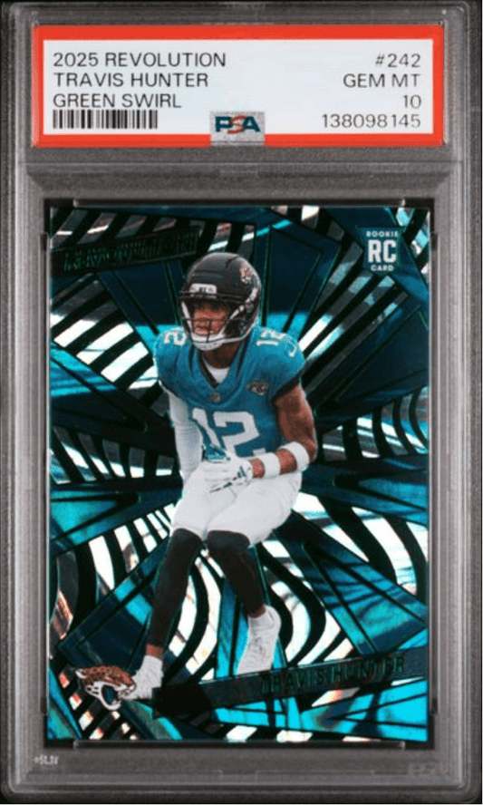PSA-graded football card in clear plastic holder showing Travis Hunter in Jacksonville Jaguars blue uniform against geometric cyan and white background design.