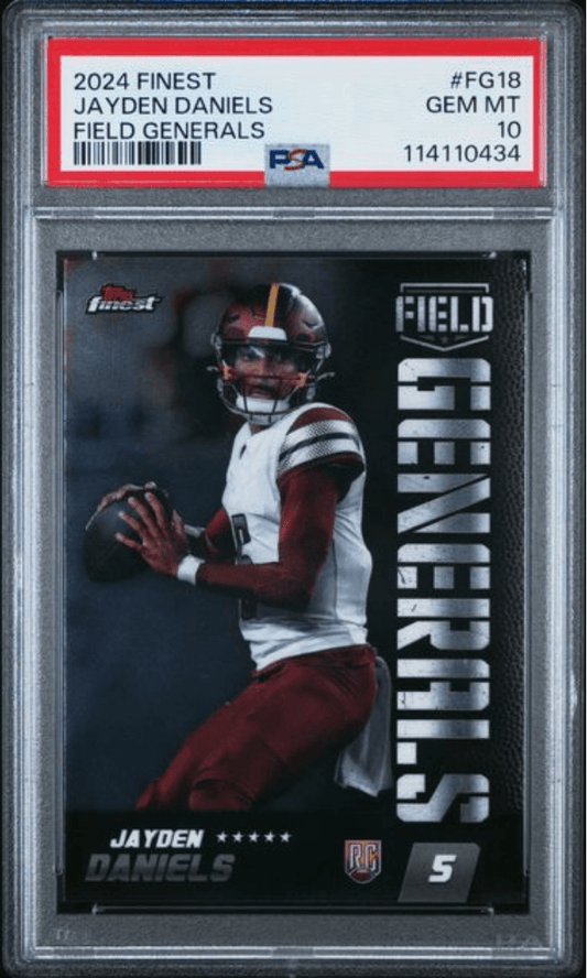 PSA-graded 2024 Topps Finest Jayden Daniels rookie card in clear plastic case displaying front with player in maroon uniform catching football.