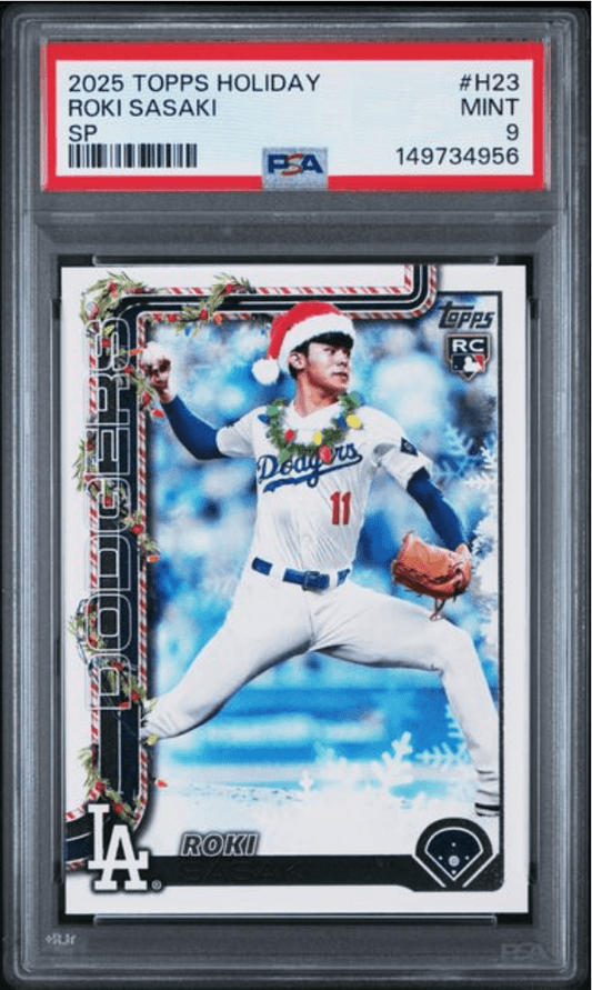 PSA-graded 2025 Topps Holiday Roki Sasaki rookie card in clear plastic slab showing pitched player wearing Dodgers uniform with Santa hat.