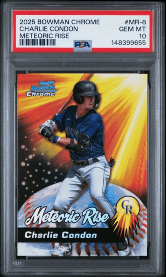 PSA-graded baseball card in clear case showing Charlie Condon in blue uniform mid-swing against yellow and red gradient background with "Meteoric Rise" text.