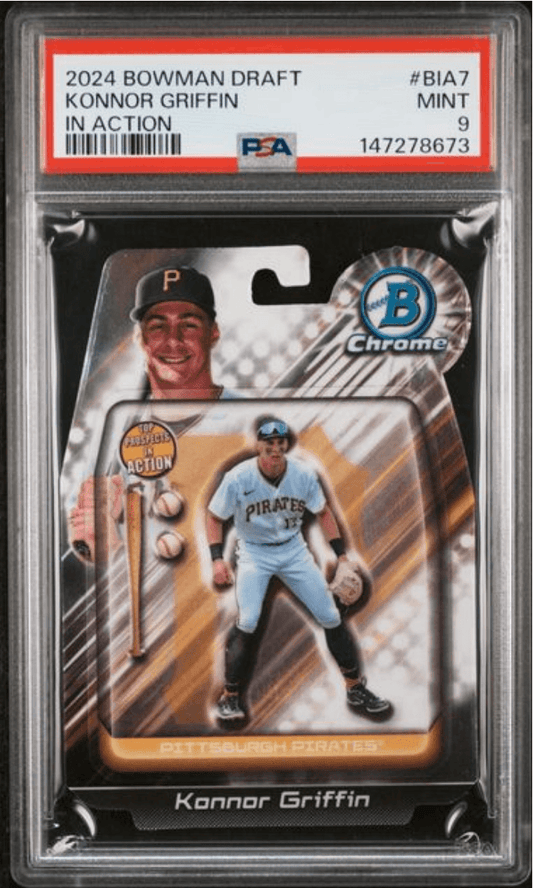 PSA-graded 2024 Bowman Draft Konnor Griffin baseball card in plastic holder showing front with player in Pirates uniform.