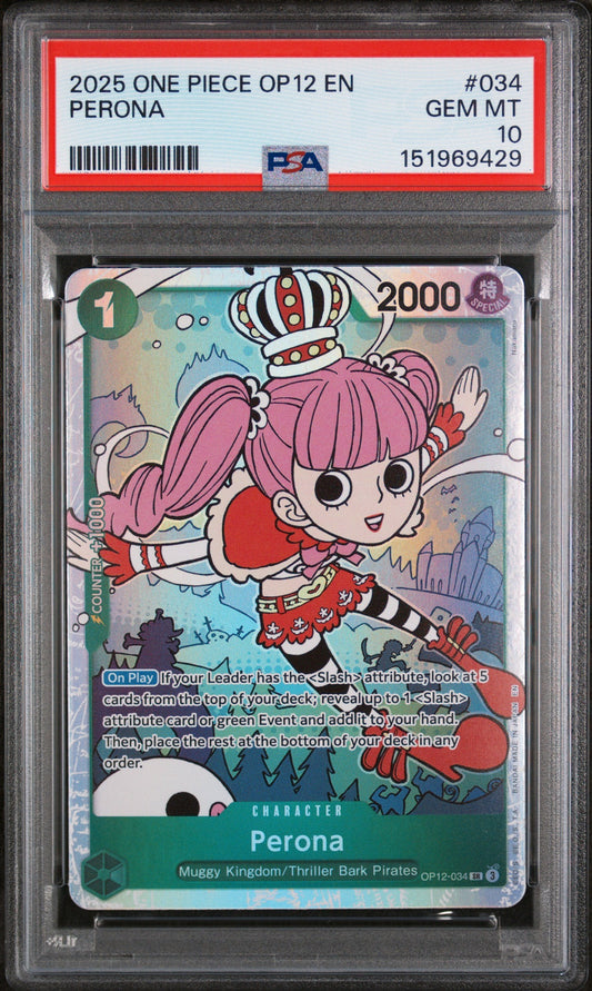 PSA 10 graded Perona character card in protective case showing pink-haired anime girl with crown against colorful gradient background.