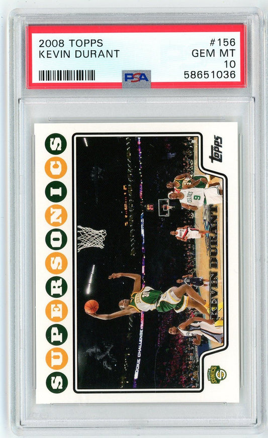 Front of graded PSA 10 basketball card showing Kevin Durant in Sonics uniform mid-jump shot, card number 156.