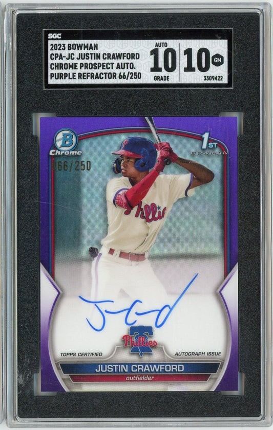 Front view of graded baseball card in clear holder showing purple-bordered Bowman Chrome card with Justin Crawford autograph and Phillies uniform.
