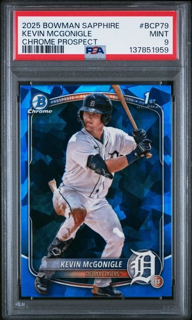 PSA-graded 2025 Bowman Sapphire Kevin McGonigle baseball card in protective holder showing batter in white uniform on blue background.