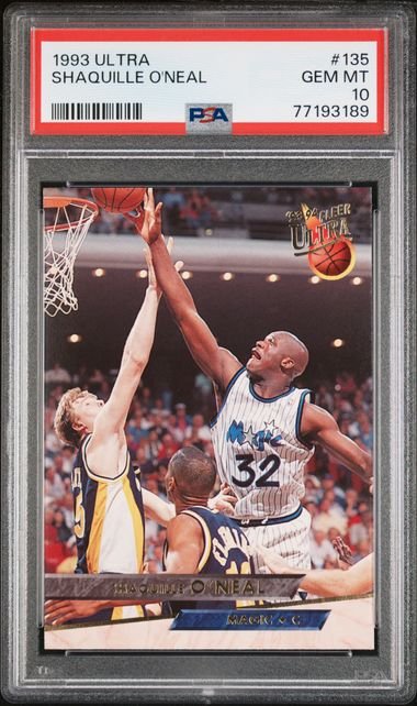 PSA graded 1993 Ultra Shaquille O'Neal basketball card in plastic holder showing player shooting over defender in pinstriped uniform.