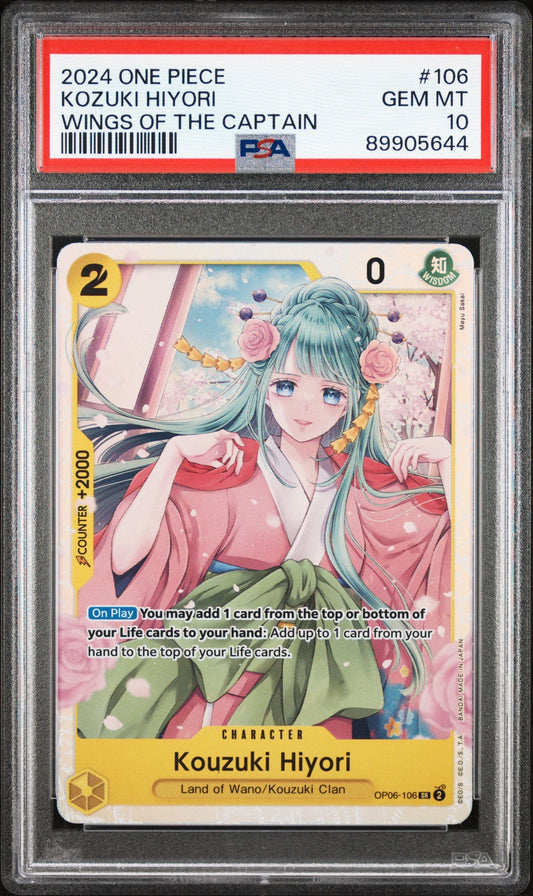PSA graded trading card in protective case showing anime character Kozuki Hiyori in red kimono against pink floral background.