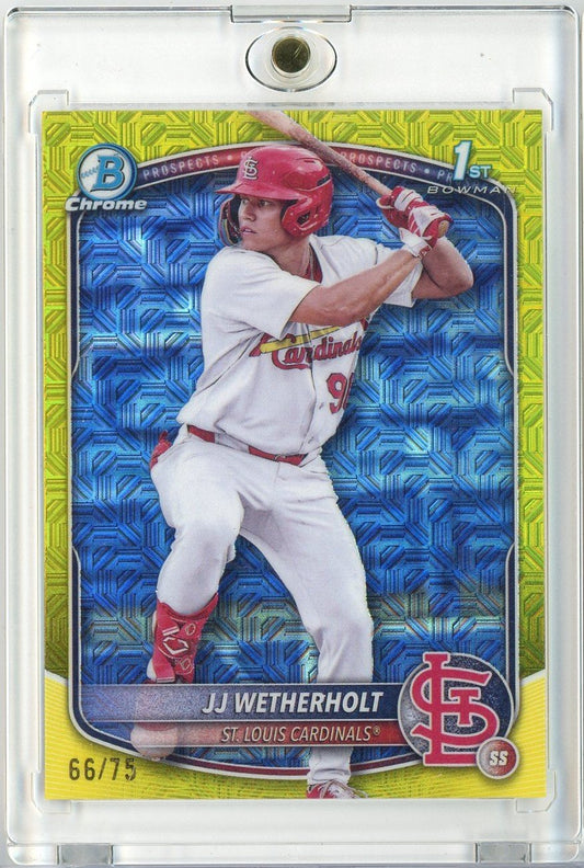Front of baseball card showing JJ Wetherholt in St. Louis Cardinals uniform mid-swing against blue geometric background, yellow border, numbered 66/75.