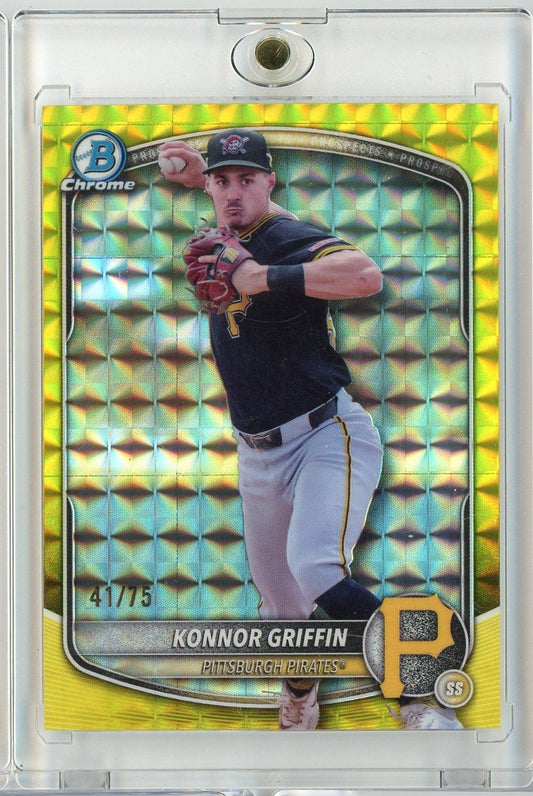 Front of baseball card showing Konnor Griffin in Pittsburgh Pirates uniform mid-pitch, with yellow geometric border and 41/75 serial number visible.