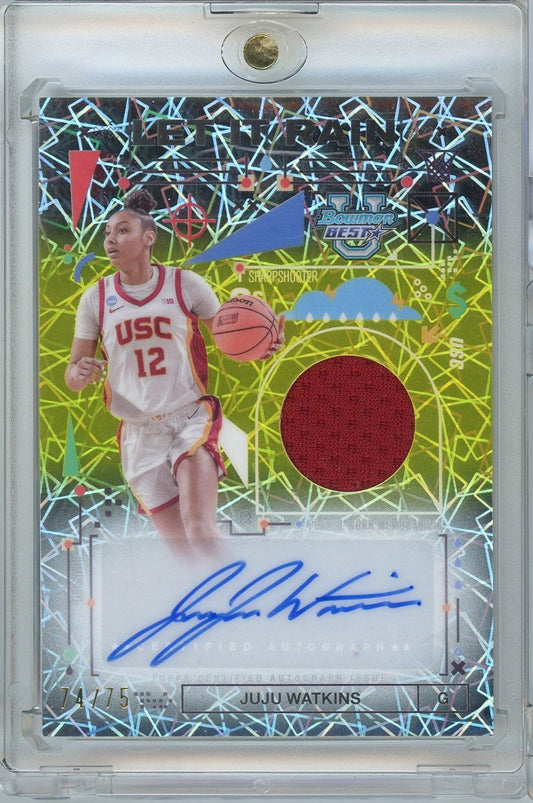 Front of graded basketball card showing JuJu Watkins in USC jersey with autograph, relic patch, and holographic background design.