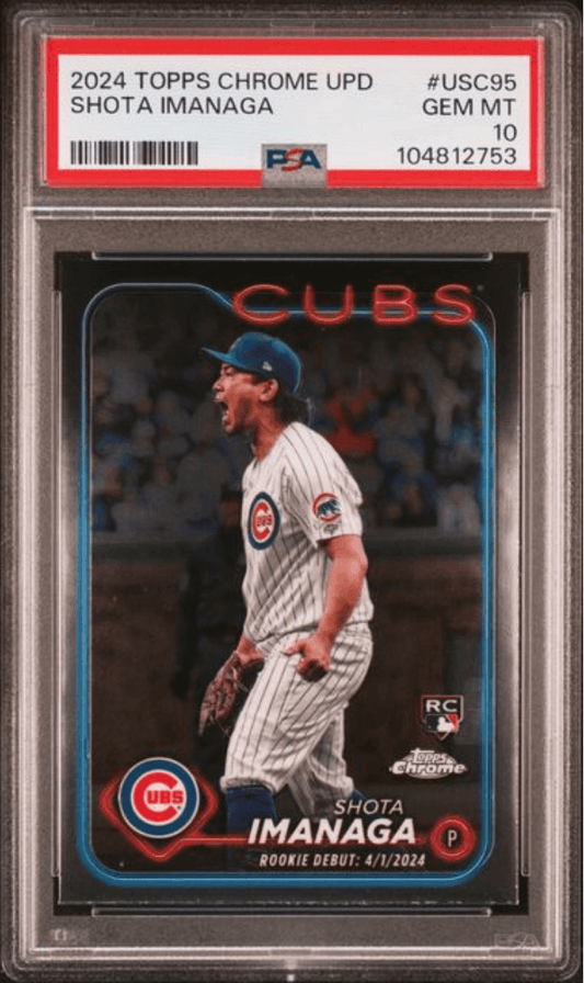PSA-graded baseball card in clear holder showing Shota Imanaga in Cubs uniform with red label at top.