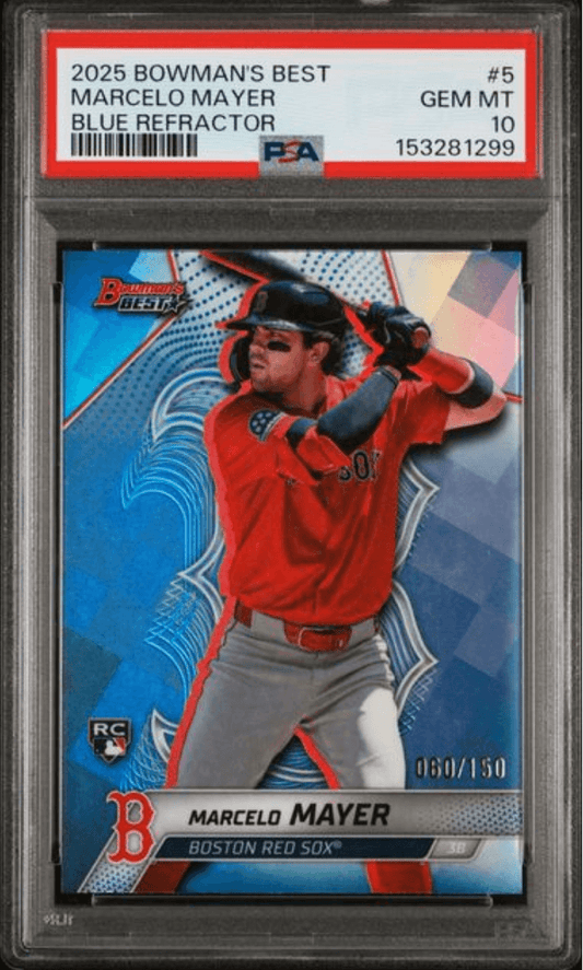 PSA-graded baseball card in clear plastic case showing Marcelo Mayer in red Boston Red Sox uniform against blue refractor background with card number and certification details visible on red label.