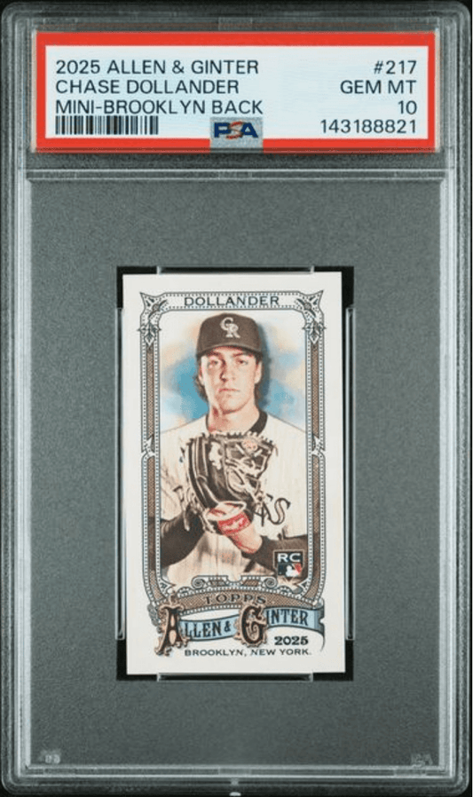 PSA-graded baseball card in protective case showing Chase Dollander rookie card front with vintage Allen & Ginter design, red label visible above.