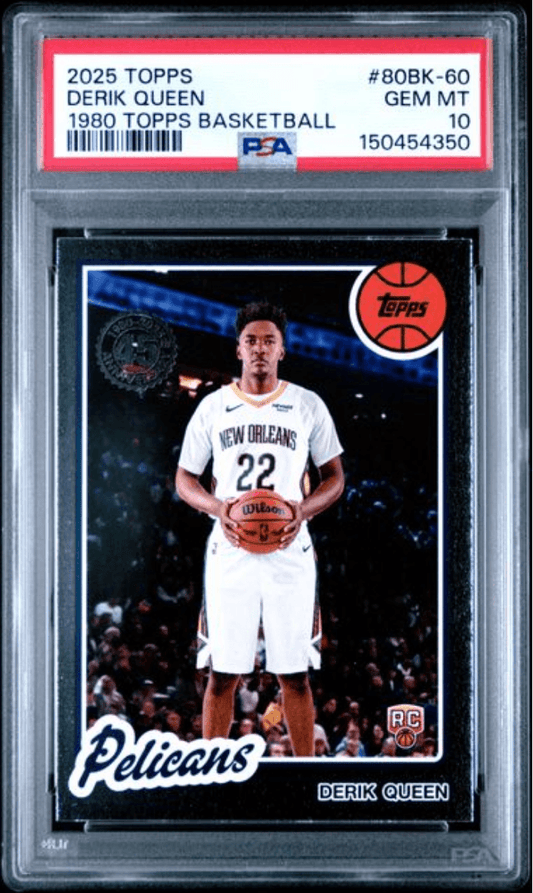 PSA-graded basketball card in clear plastic case showing Derek Queen in white New Orleans Pelicans jersey number 22 holding ball.