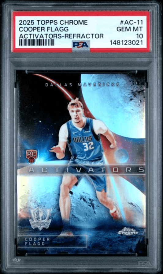 PSA-graded 2025 Topps Chrome Cooper Flagg basketball card in protective case, showing front with player in Dallas Mavericks blue jersey number 32.