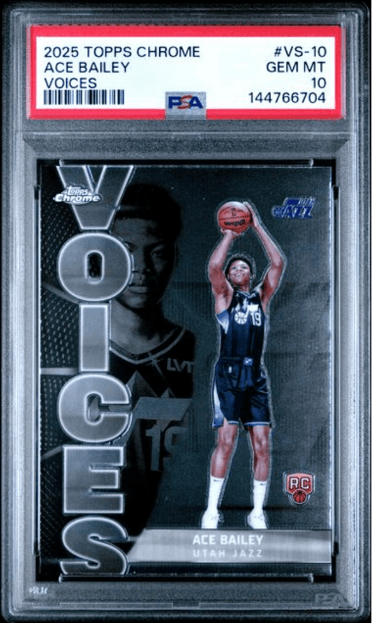 Front of graded card in PSA case showing Ace Bailey in Utah Jazz uniform shooting basketball, with "VOICES" text and rookie logo visible.