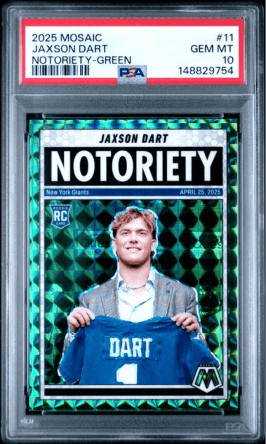 PSA-graded trading card in clear plastic case showing Jaxson Dart rookie card with turquoise mosaic border and New York Giants jersey.