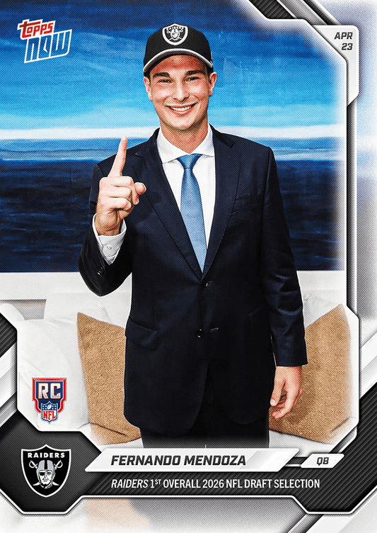 Trading card front showing Fernando Mendoza in navy suit and Raiders cap, pointing at camera with ocean background and rookie RC logo.