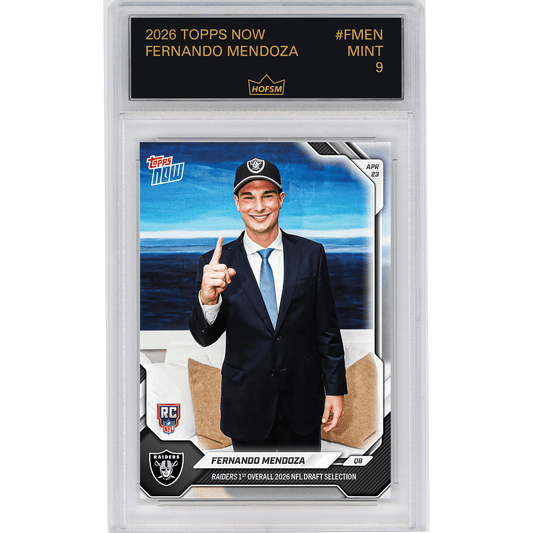 Graded trading card in clear plastic case showing Fernando Mendoza in dark suit with Raiders cap, giving thumbs up gesture against blue ocean background.