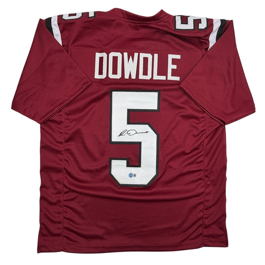 Maroon college football jersey with "DOWDLE" and number 5 in white, displayed flat against white background, back view.