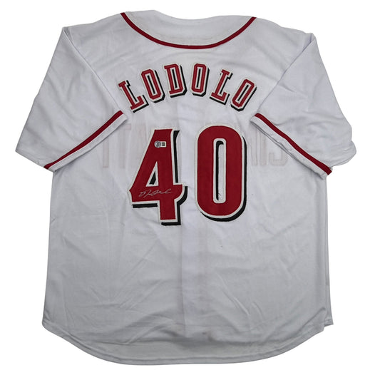 White baseball jersey with "LODOLO" and number 40 in red and black, displayed flat against white background, front view.