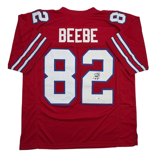 Red Buffalo Bills football jersey number 82 with "BEEBE" printed across shoulders, displayed flat showing back view with white and blue trim.