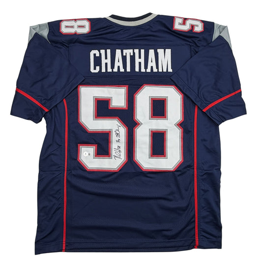 Navy blue football jersey with white and red number 58, "CHATHAM" name across shoulders, displayed flat against white background showing front and back design.