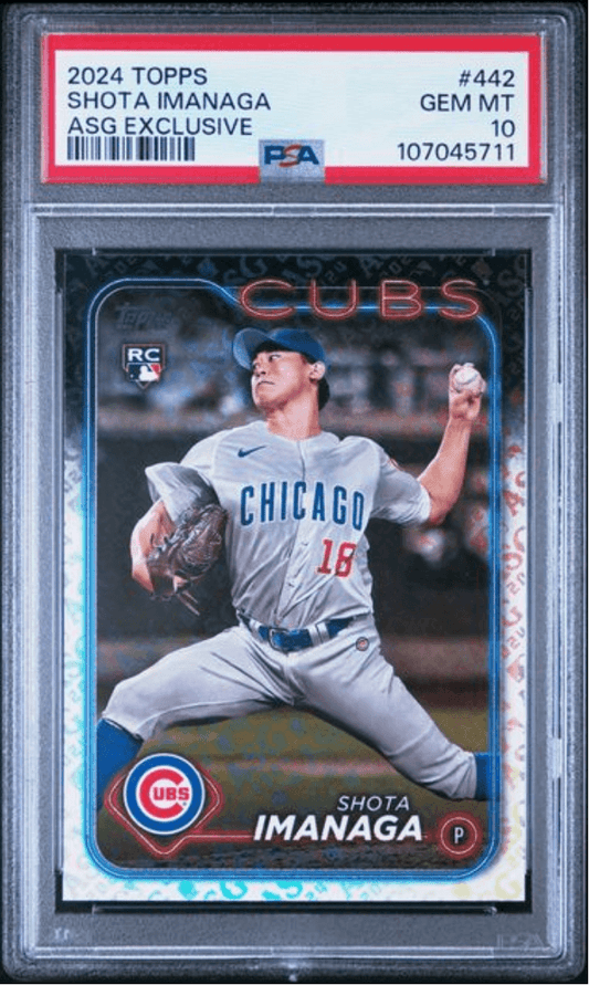 Front of graded PSA 10 baseball card showing Shota Imanaga in Chicago Cubs uniform mid-pitch, with blue neon border design and card details visible.