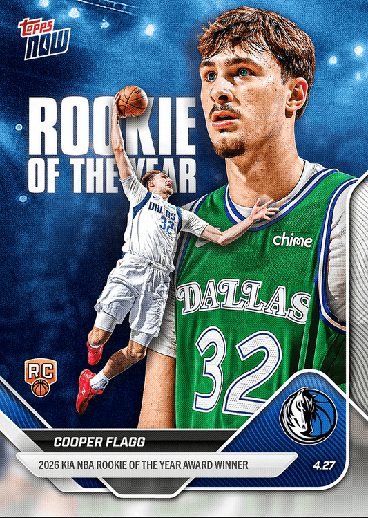 Trading card front showing Cooper Flagg in green Dallas Mavericks jersey number 32, with action shot inset, blue background, and "Rookie of the Year" text.