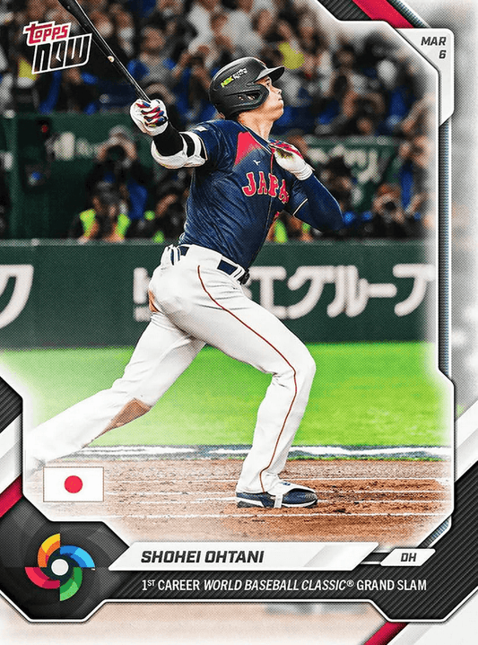 Shohei Ohtani mid-swing in Team Japan navy uniform on Topps Now baseball card with date MAR 6 visible.