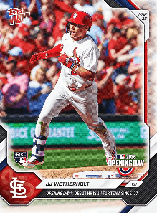 St. Louis Cardinals rookie JJ Wetherholt in red uniform running bases during Opening Day game, card front with stats and RC logo visible.
