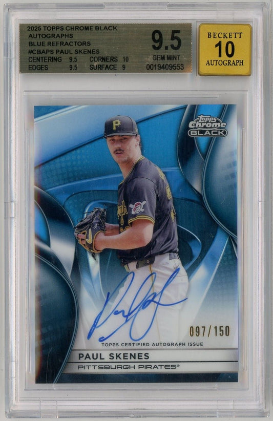 Graded baseball card showing Paul Skenes in Pirates uniform with blue autograph, numbered 097/150, in clear protective case with grading label.