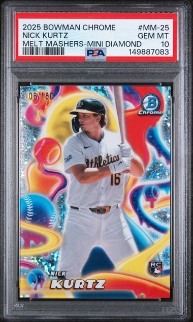 PSA-graded 2025 Bowman Chrome Nick Kurtz rookie card displaying colorful melt mashers design with player in Athletics uniform.