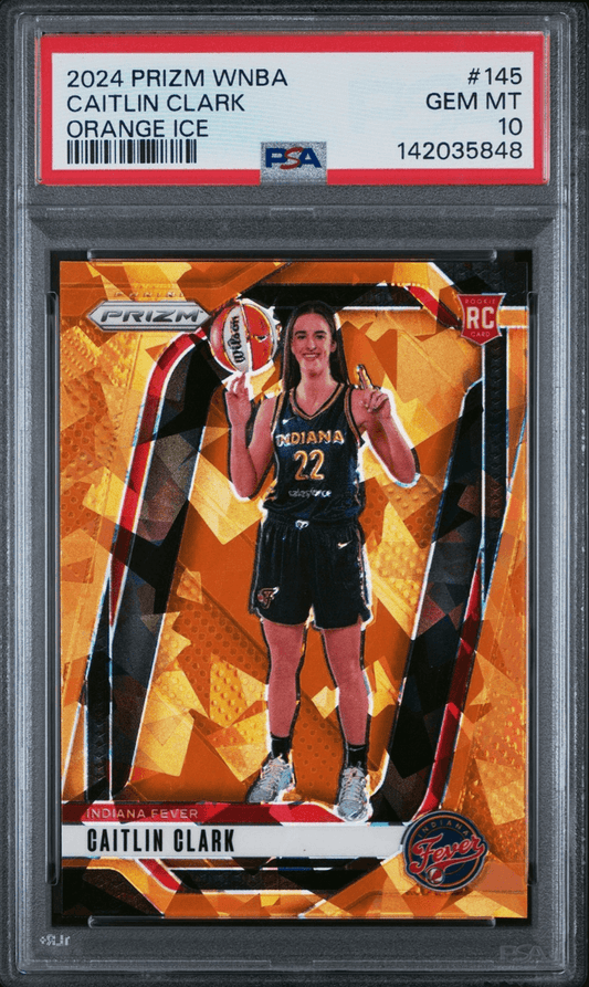 Front of PSA-graded basketball card showing Caitlin Clark in Indiana Fever uniform holding a basketball against orange geometric background.