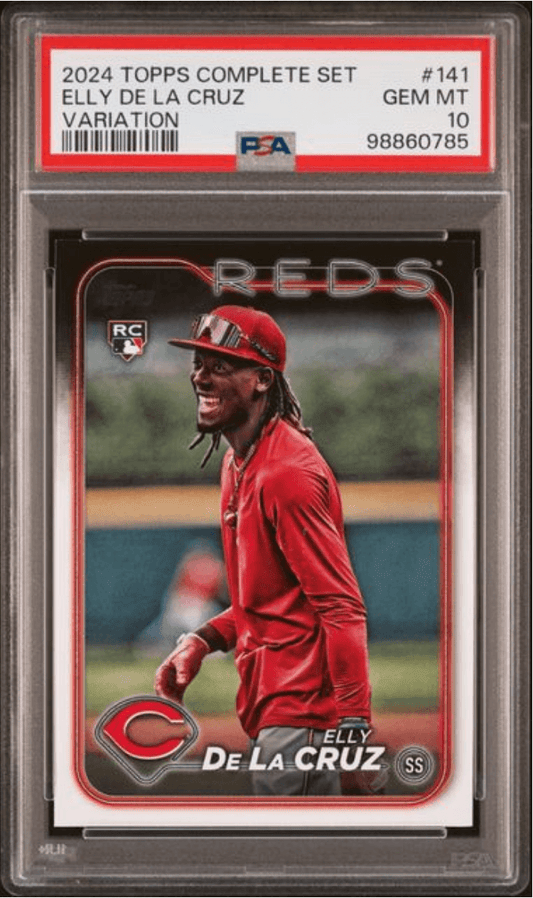 PSA-graded baseball card in clear protective case showing smiling player in red Cincinnati Reds uniform on field.