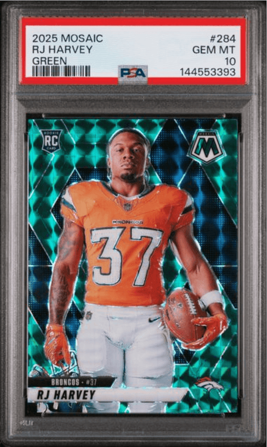 PSA-graded 2025 Mosaic rookie card #284 showing RJ Harvey in orange Broncos uniform holding football against turquoise geometric background.