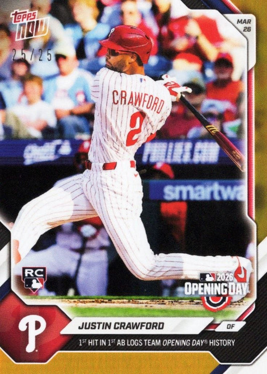 Justin Crawford in red Phillies uniform swinging bat mid-swing, orange foil baseball card with rookie designation and Opening Day text.
