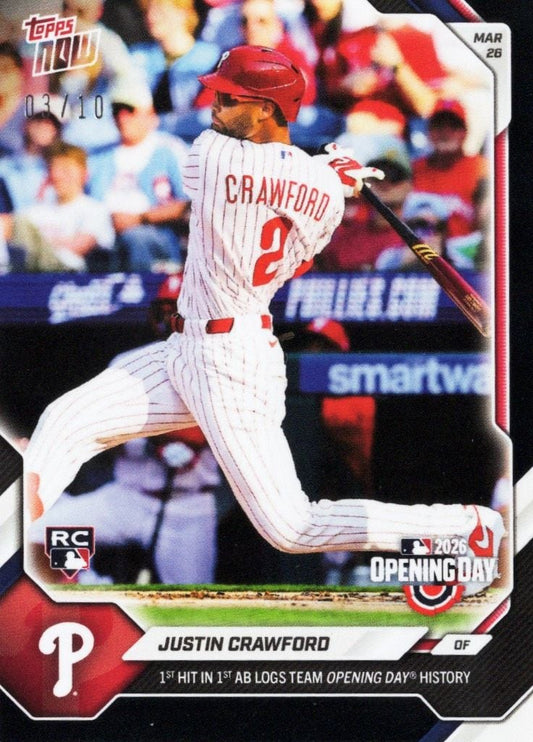 Baseball card front showing Justin Crawford mid-swing in white Phillies uniform with red pinstripes, red helmet, against blurred stadium background.
