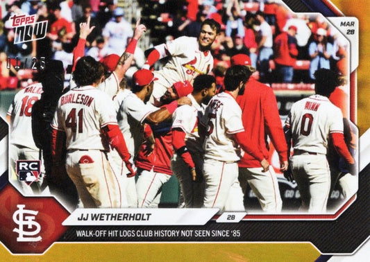 St. Louis Cardinals players celebrating at home plate with "Walk-Off Hit Logs Club History Not Seen Since '85" text on orange foil baseball card.