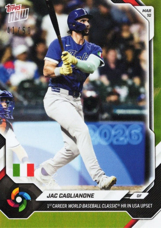 Baseball card showing Jac Caglianone in blue Team Italy uniform mid-swing, with crowd blurred behind, gold foil serial number visible upper left.