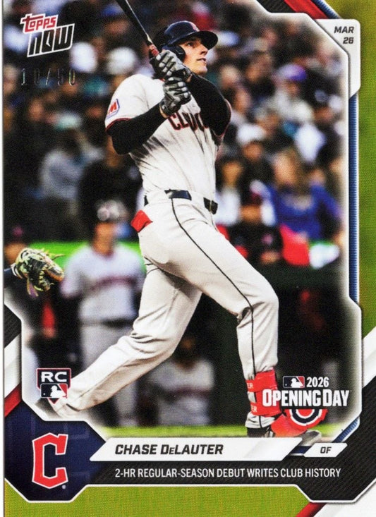Chase DeLauter rookie baseball card showing him mid-swing in Cleveland Guardians uniform against blurred stadium background.