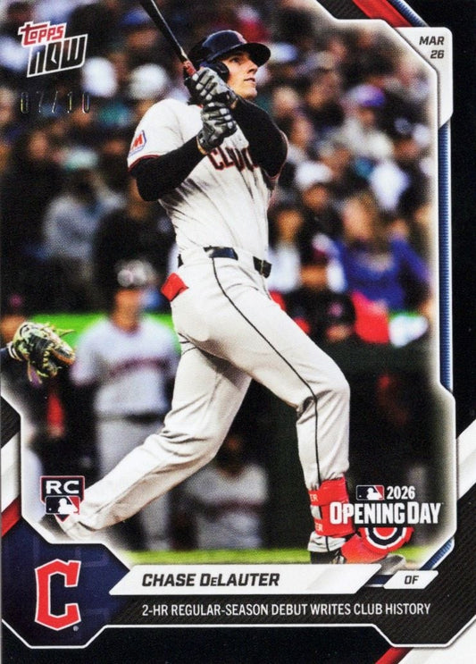 Chase DeLauter baseball card showing player mid-swing in white Cleveland Guardians uniform against blurred stadium background.