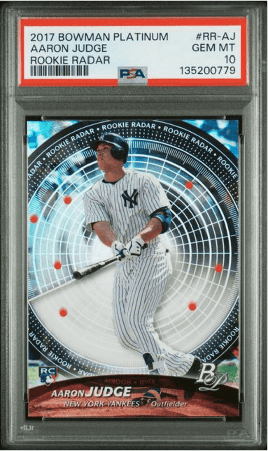 PSA-graded 2017 Bowman Platinum Aaron Judge rookie card in protective case displaying front with radar design and player photo.