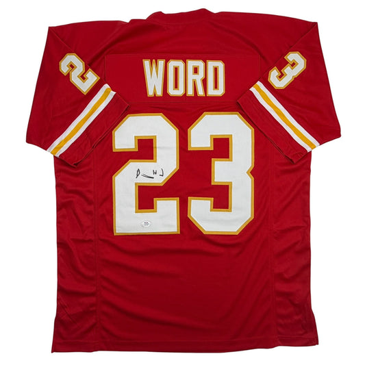 Red Kansas City football jersey with "WORD" and number 23 displayed flat, showing autographed back view.