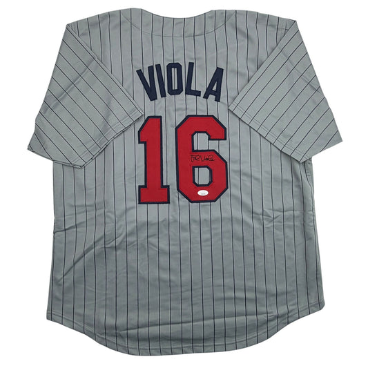 Gray pinstriped baseball jersey with "VIOLA" and red number "16" on back, displayed flat against white background.